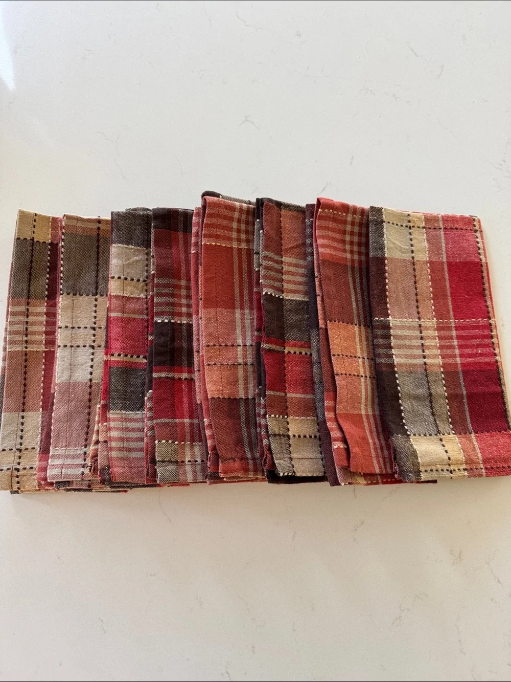 Tahari Plaid Cotton Napkin Set of 8 in Red, Brown, Tan, and Cream NWOT